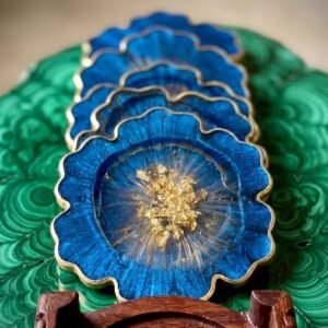 Dark navy and gold flower coaster set