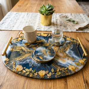 Large Resin Tray Set With Coasters Gold Accents