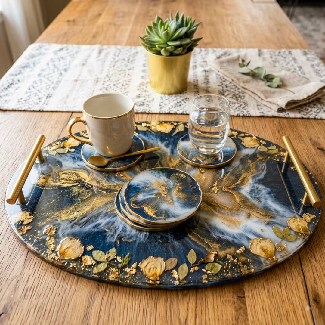 Large Resin Tray Set With Coasters Gold Accents